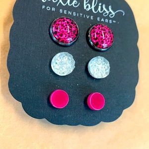 Dixie Bliss Pink Cheetah Druzy Earring trio surgical steel for sensitive ears